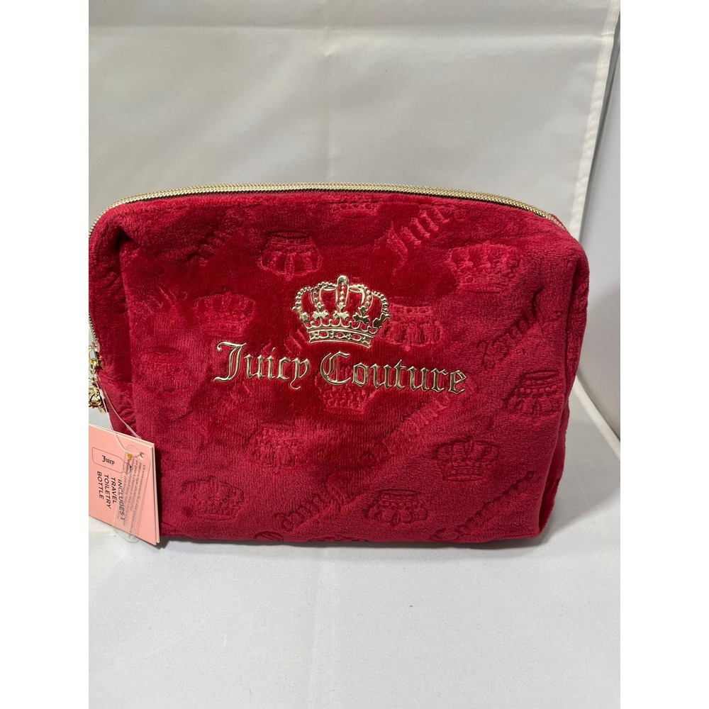 Juicy Couture Velour Cosmetic Bag Red Crown Logo‎ Zipper Pouch Makeup Organizer